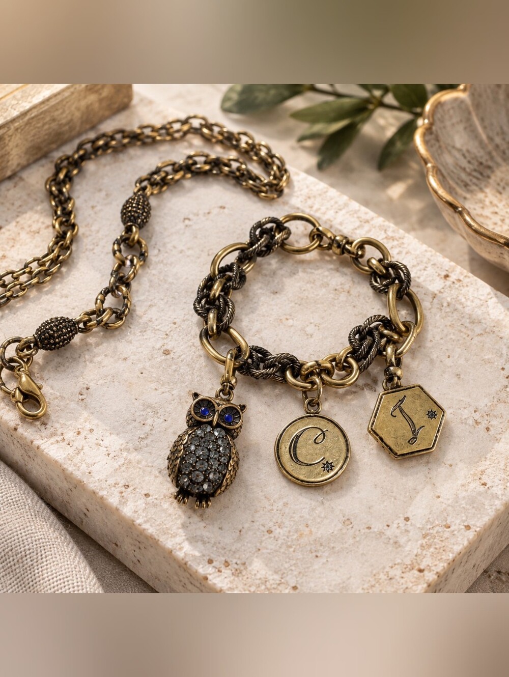 Chloe + Isabel Antique Goldtone  Trésors Heirloom Charm bracelet and necklace